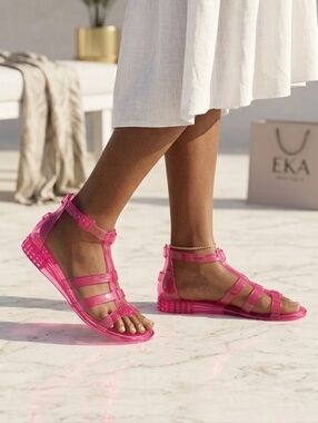 Transparent Pink Jelly Gladiator Sandals with Ankle Strap